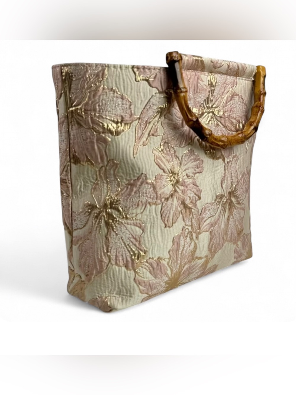 Floral Jacquard Tote Bag with Bamboo Handles - Pink Cream